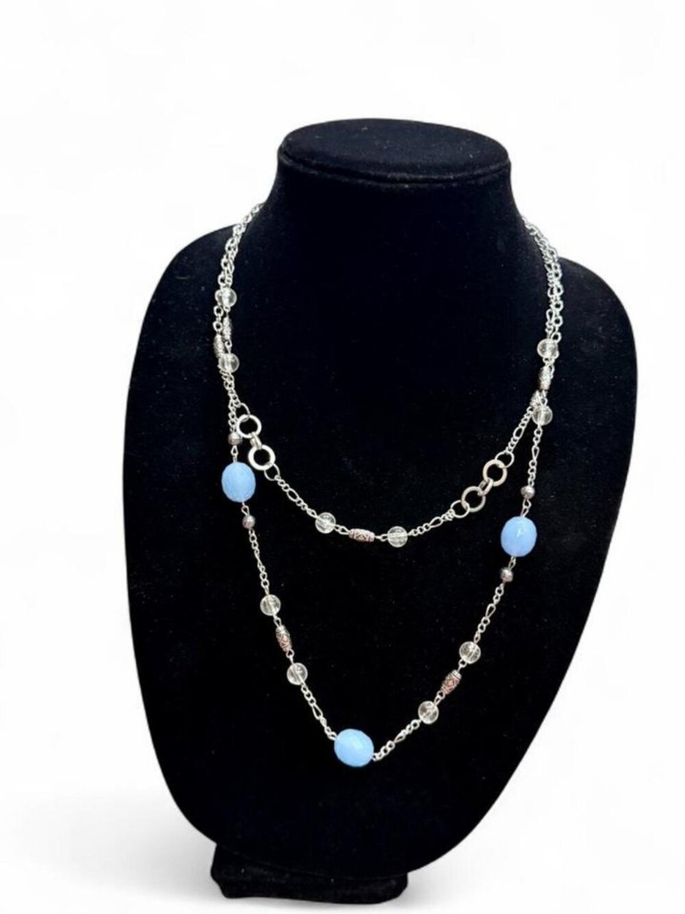 Blue & Silver Double Strand Beaded Necklace Light Blue Beads New
